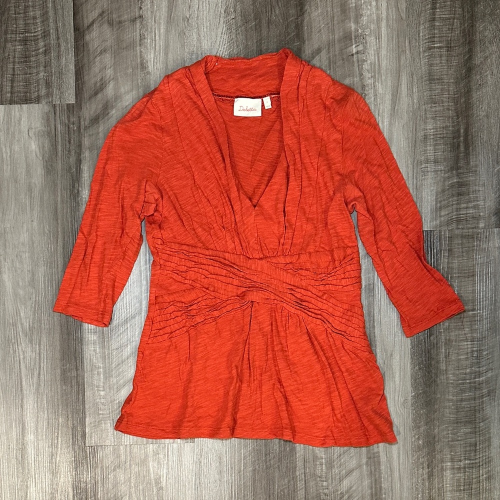 Deletta Rust Orange Long Sleeve Cross Waist V Cut Blouse - Medium